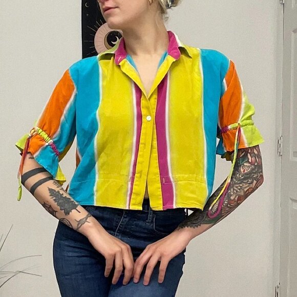 Mochi Mimi Striped Button-Down Drawstring Crop Shirt Size S Multicolor - Picture 1 of 13
